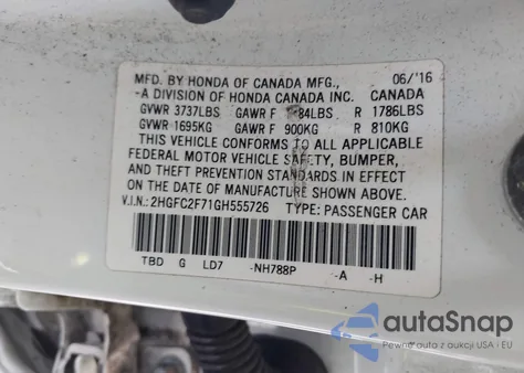 2016 Honda Civic Ex z USA, uszkodzony, nr VIN 2HGFC2F71GH555726